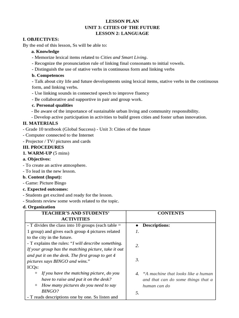 Future Cities Language Lesson Plan | PDF | Verb | Consonant