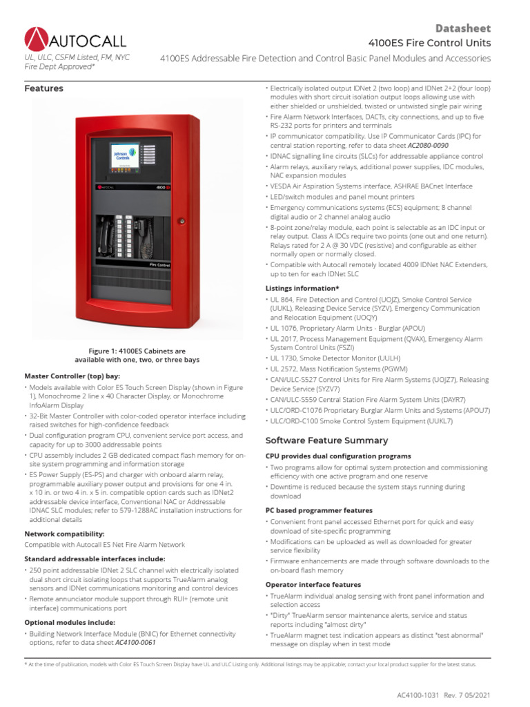 Main Fire Alarm Control Panel - 4100ES TDS | PDF | Touchscreen | Power ...