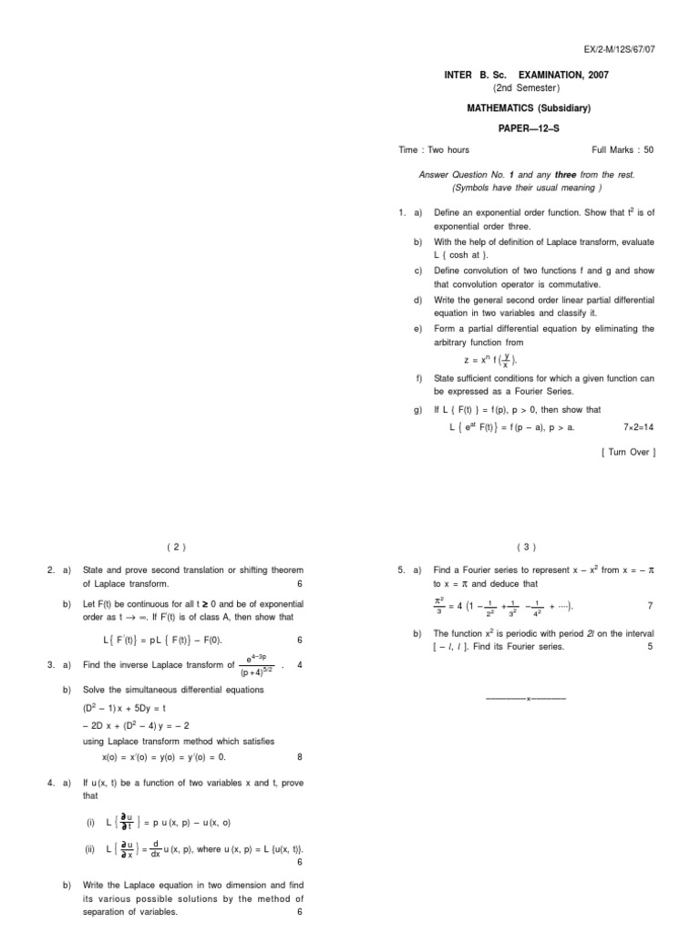 B.Sc. Mathematics Exam Paper 2007 | PDF