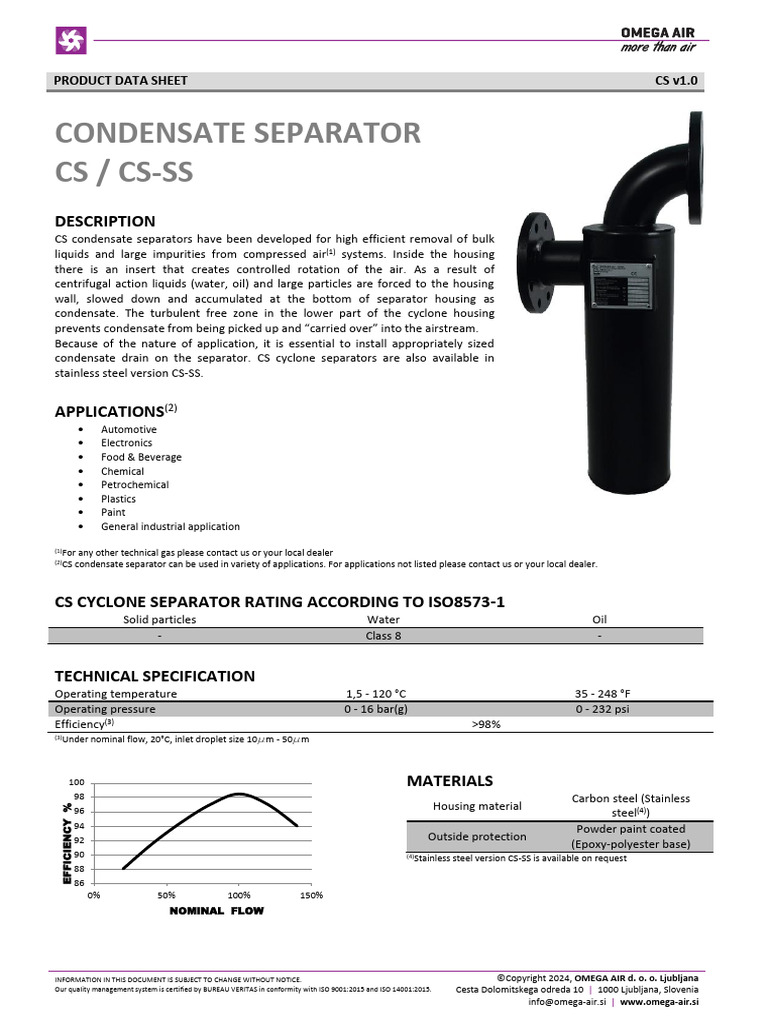 Omega Air Product Data Sheet Condensate Separator Welded CS v1.0 | PDF ...