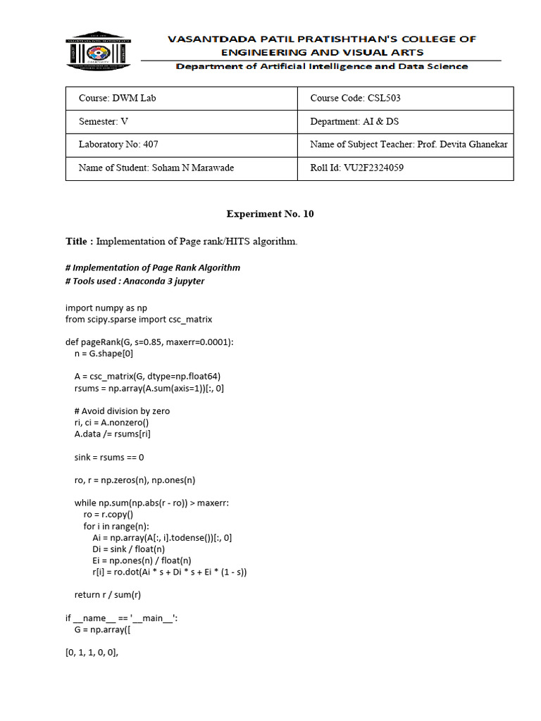 PageRank and HITS Algorithm Implementation | PDF | Combinatorics ...