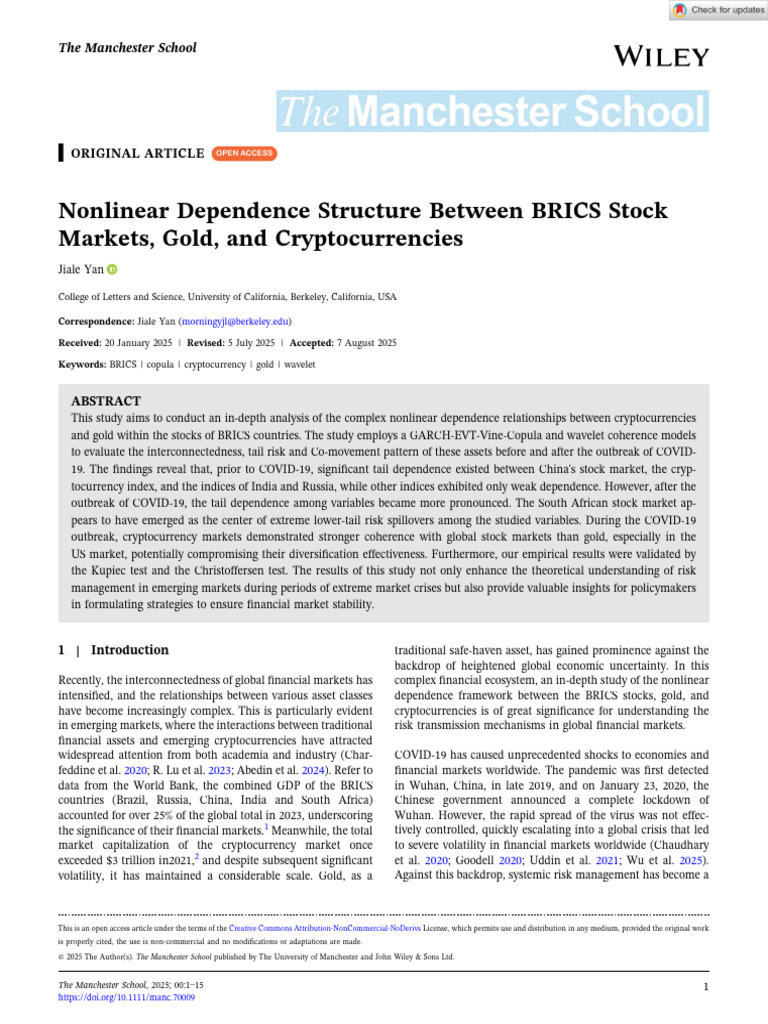 The Manchester School - 2025 - Yan - Nonlinear Dependence Structure Between  BRICS Stock Markets Gold and Cryptocurrencies | PDF | Financial Risk |  Value At Risk