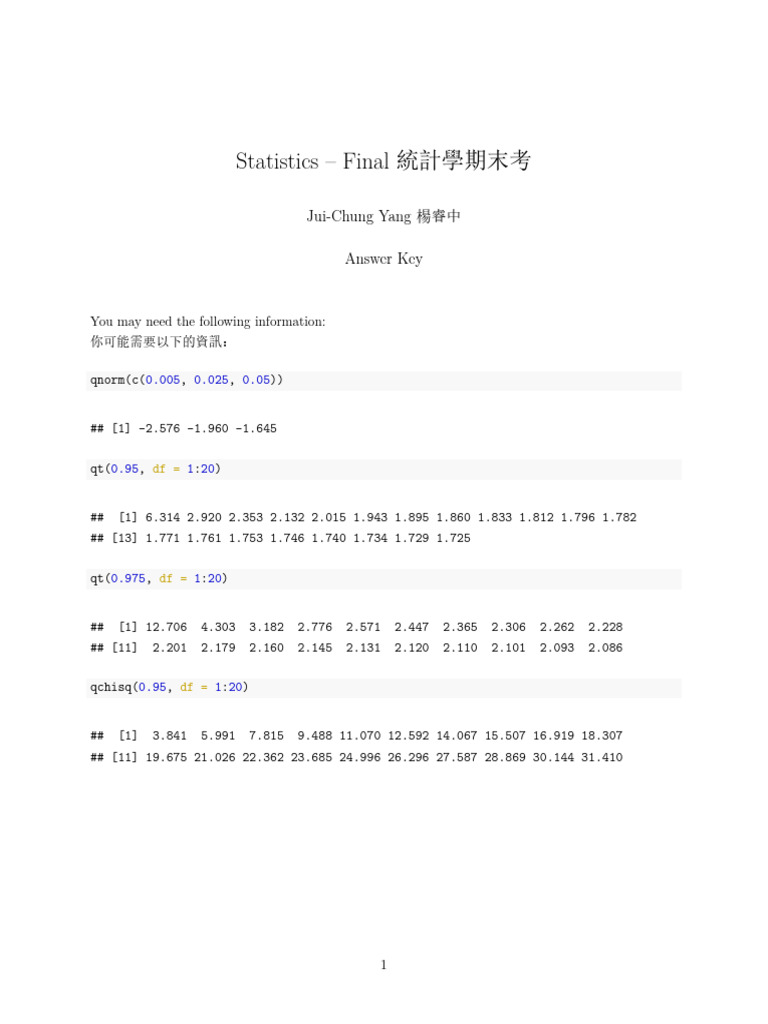 Statistics Final Exam Answer Key | PDF | Type I And Type Ii Errors ...