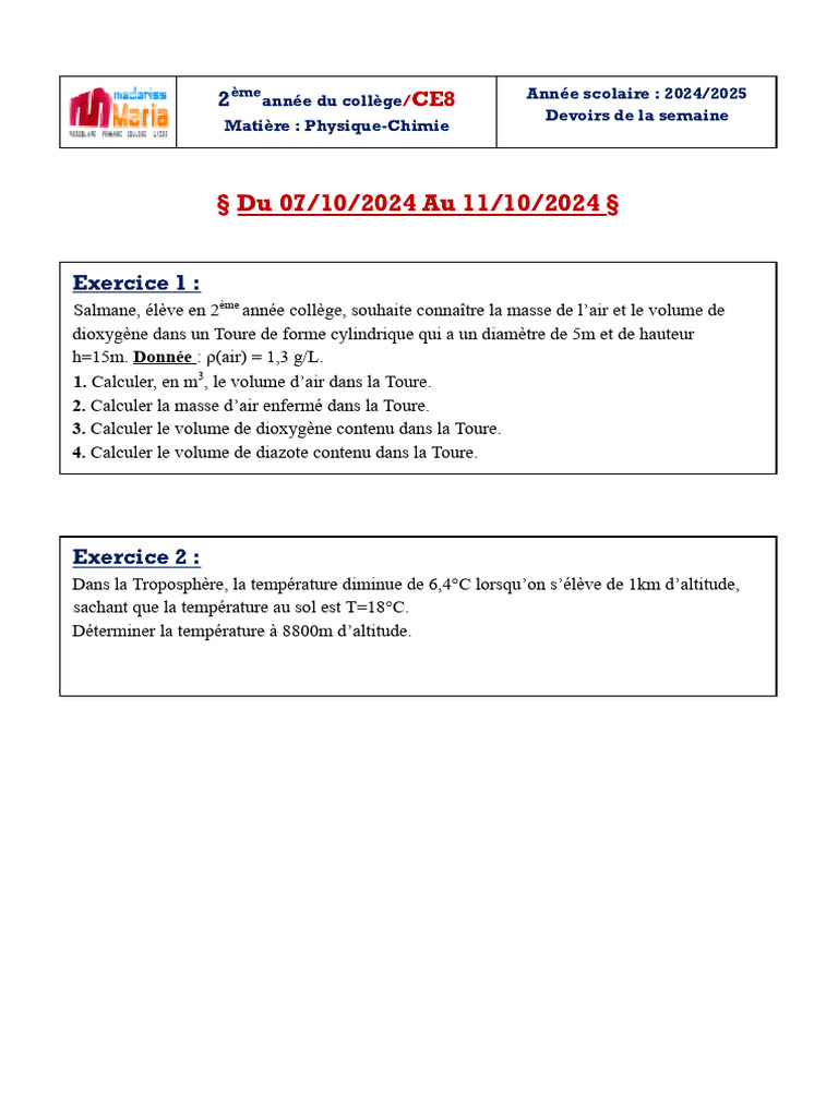Devoirs de Physique-Chimie CE8 2024 | PDF