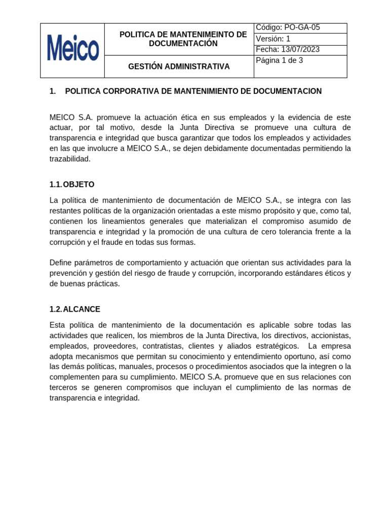 Política de Mantenimiento Documental MEICO S.A. | PDF | Corrupción ...