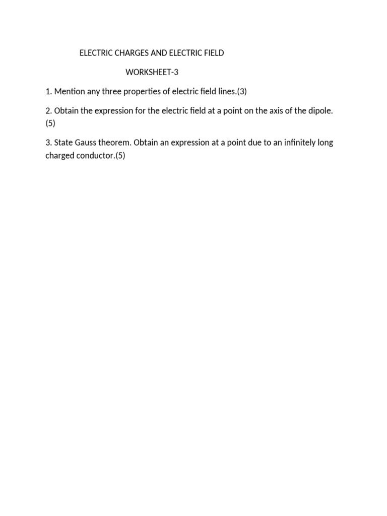 Electric Charges and Electric Field Work Sheet 3 1742449742 | PDF