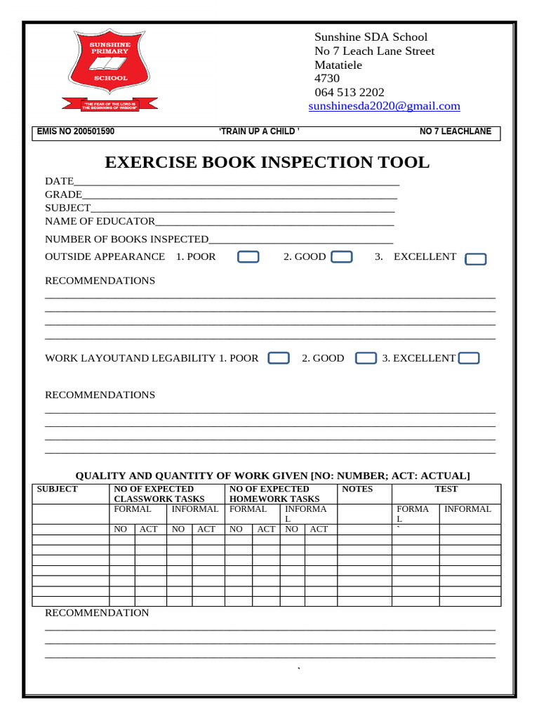 Sunshine SDA School Exercise Book Tool | PDF