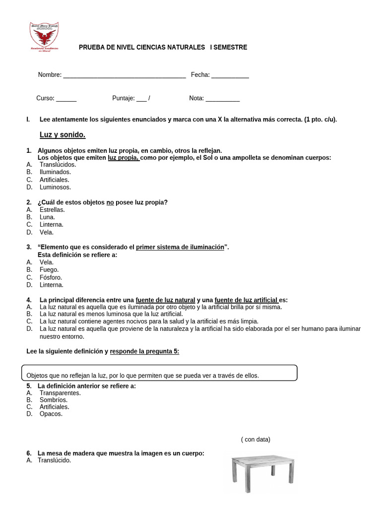 Prueba de Nivel: Ciencias Naturales 1º Semestre | PDF | Luna | Sonido