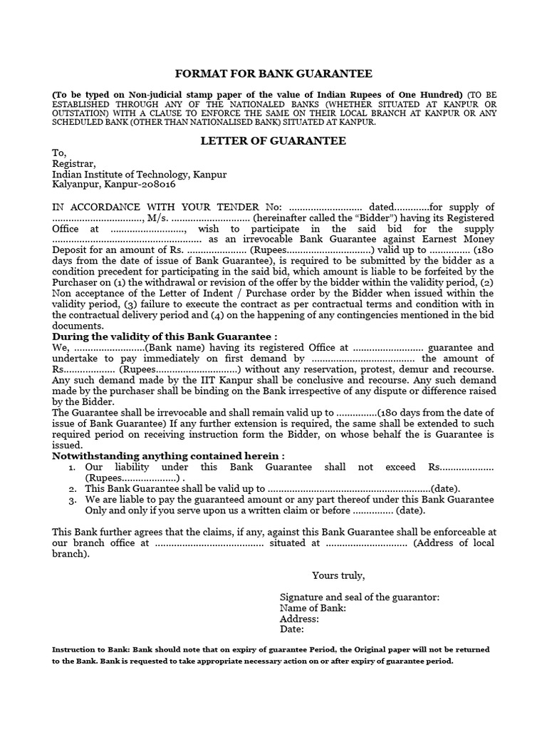Bank Guarantee Format for IIT Kanpur | PDF | Guarantee | Contract Law
