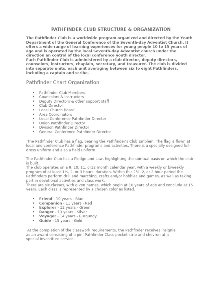 Pathfinder Club Organization Overview | PDF