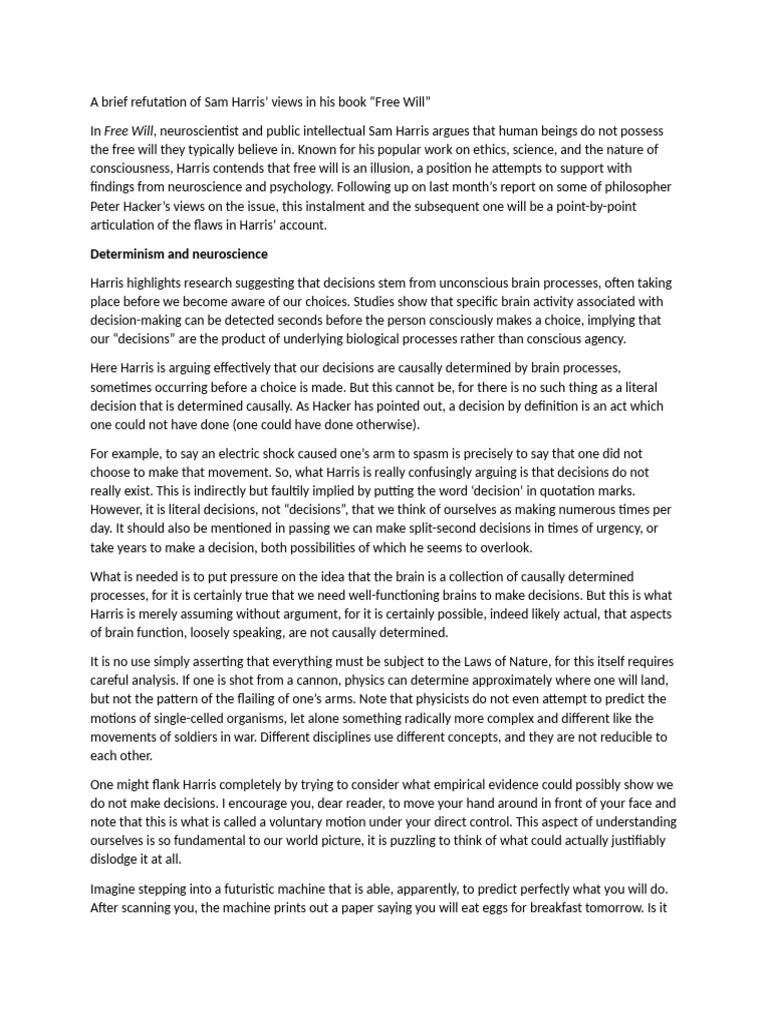 A Brief Refutation of Sam Harris' Views in His Book "Free Will" (Part 1 ...