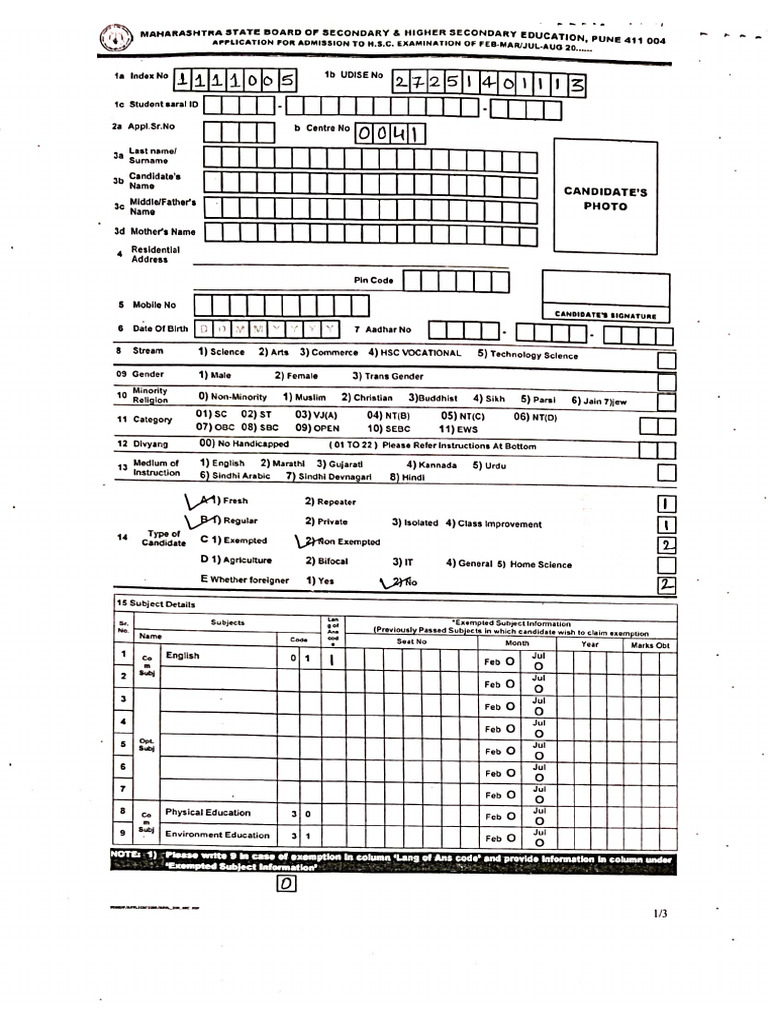 HSC Examination Admission Application Form | PDF