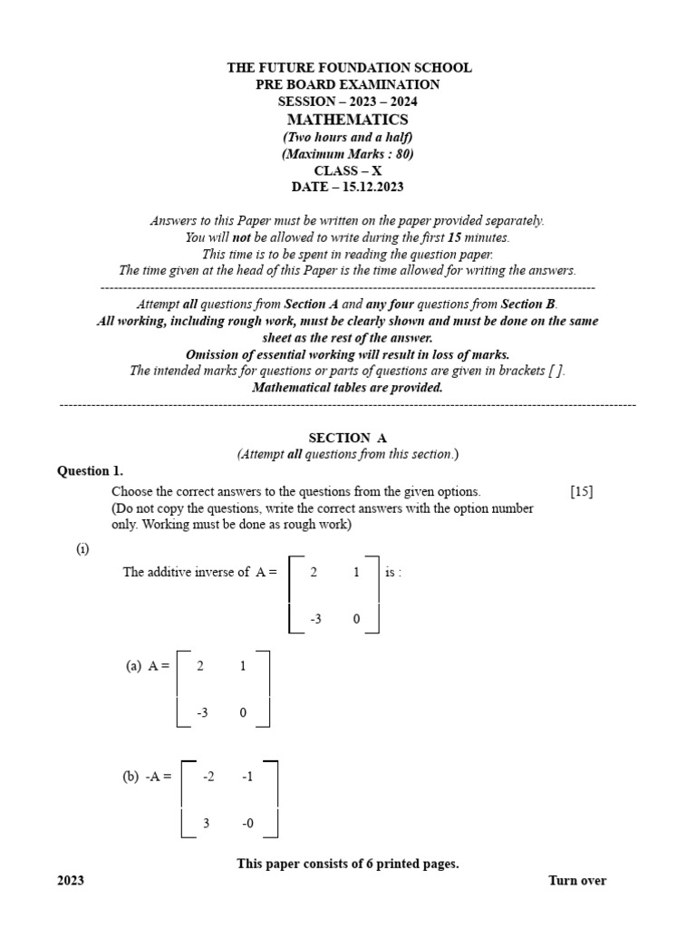 Class X Mathematics Pre-Board Exam 2023 | PDF | Circle | Sphere
