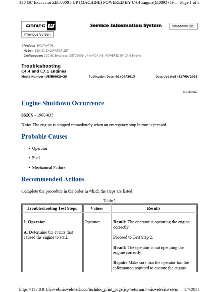 Troubleshooting Engine Shutdown for 320 GC Excavator | PDF ...