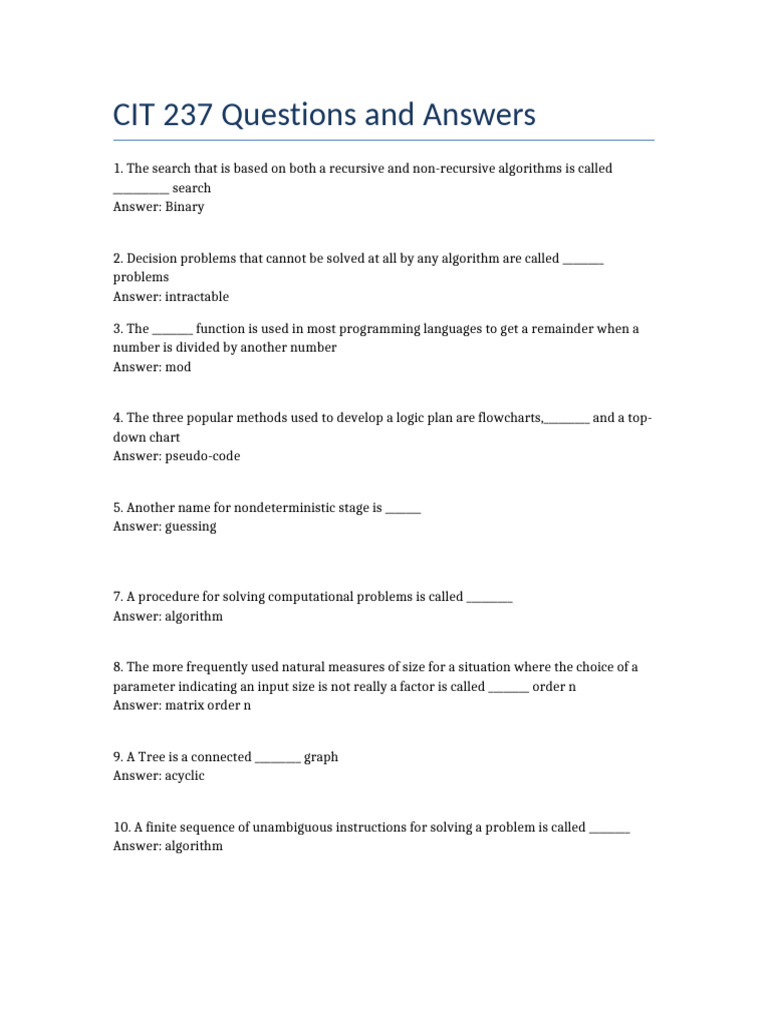 CIT 237 Exam Questions Overview | PDF | Computer Programming ...