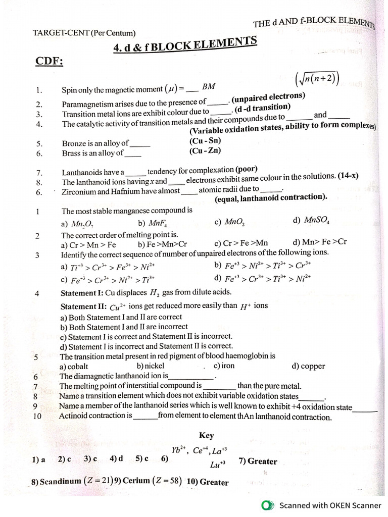 D and F Block Elements Important Questions... | PDF