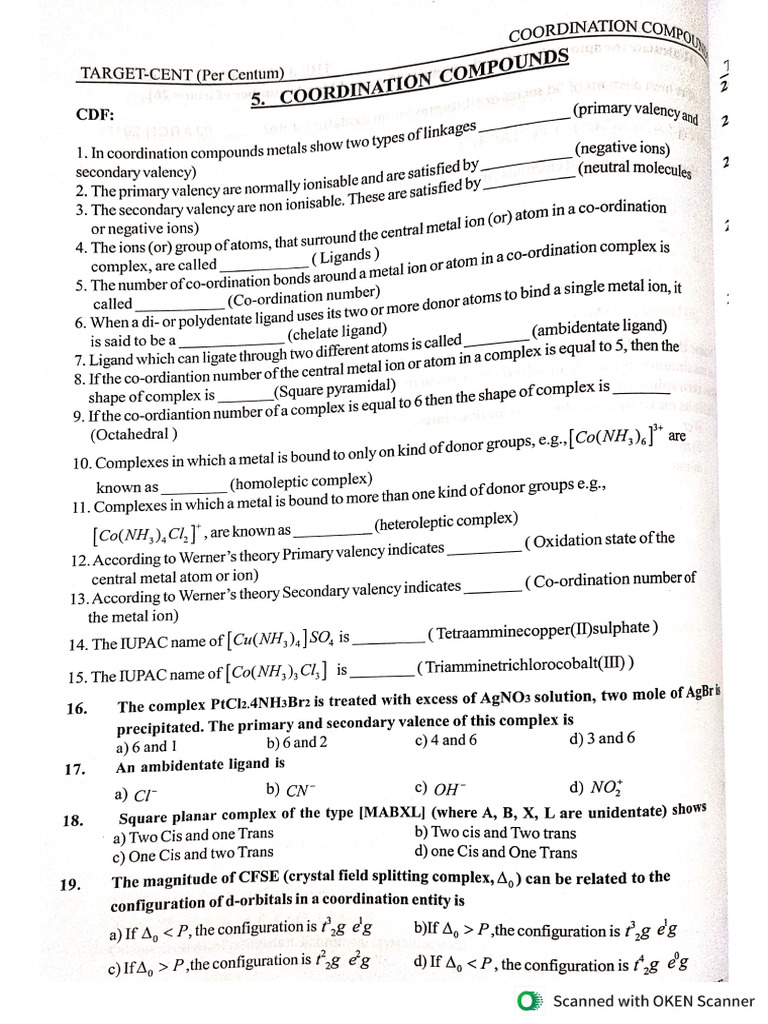Co-Ordination Compounds Important Questions and Answers | PDF