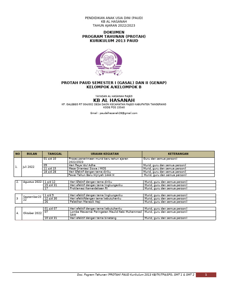 Program Tahunan PAUD 2022/2023 | PDF