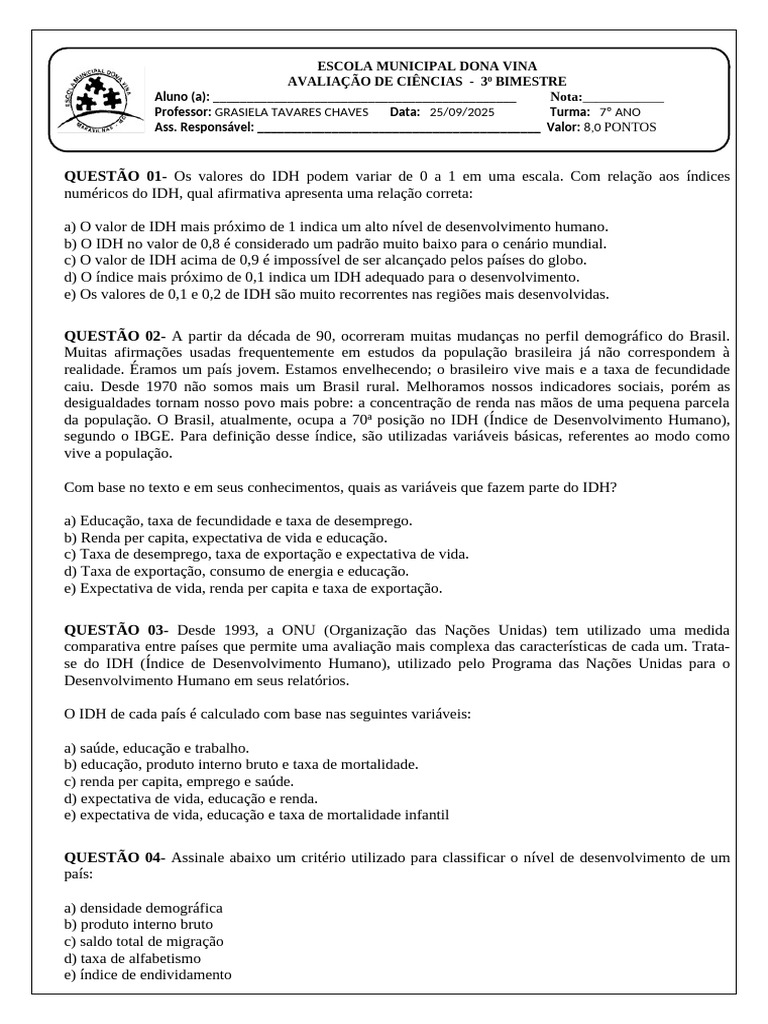 Questões sobre IDH e Nutrição | PDF | Índice de desenvolvimento humano ...