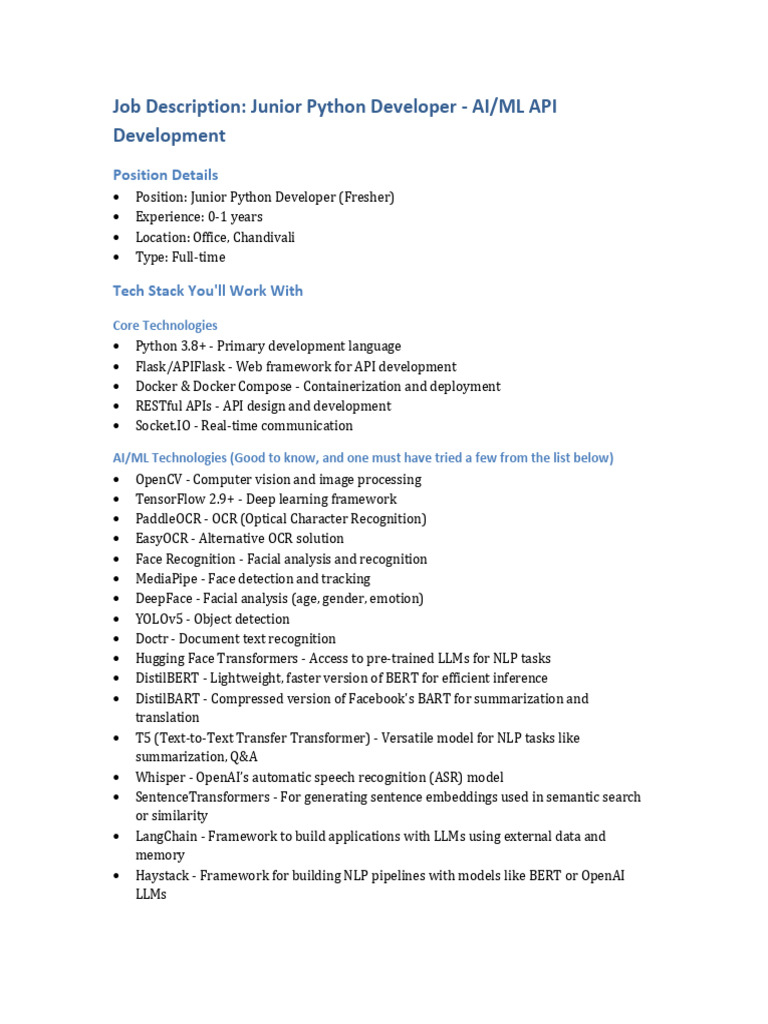Junior ML Ai Developer JD | PDF | Optical Character Recognition ...