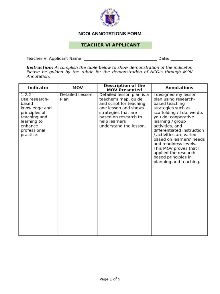 Ncoi Movs Annotation Teacher Vi Applicant | PDF | Learning | Teaching