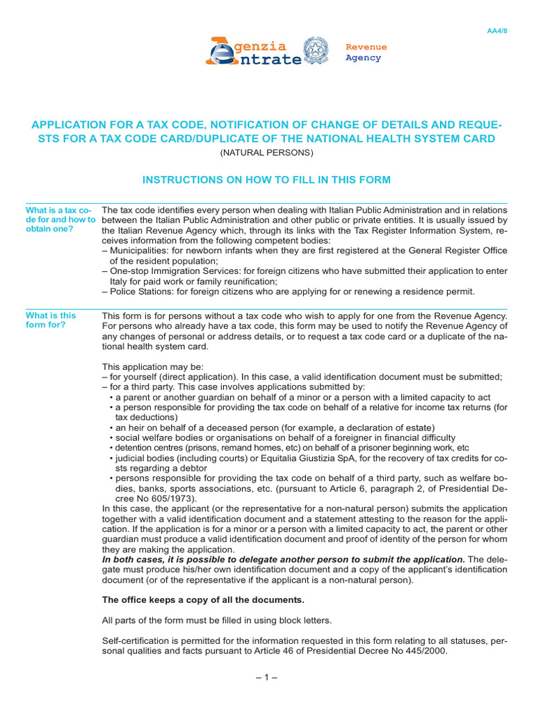 Italian Tax Code Application Guide | PDF | Identity Document | Taxes
