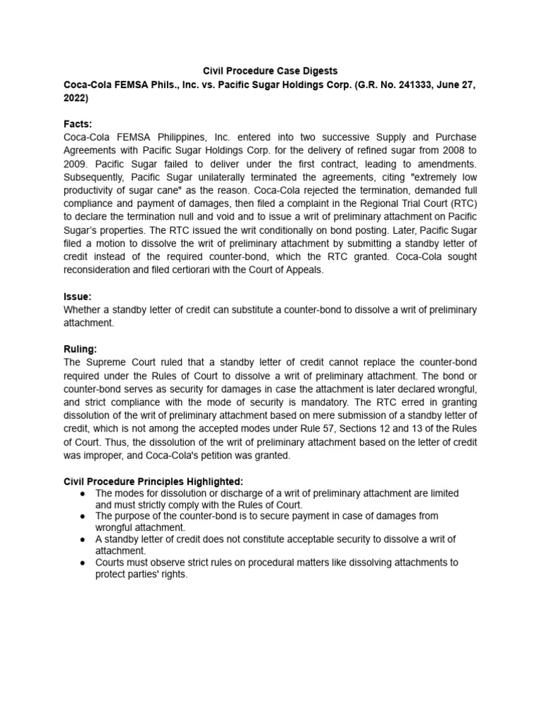 Civil Procedure Case Digests Summary | PDF | Injunction | Demurrer