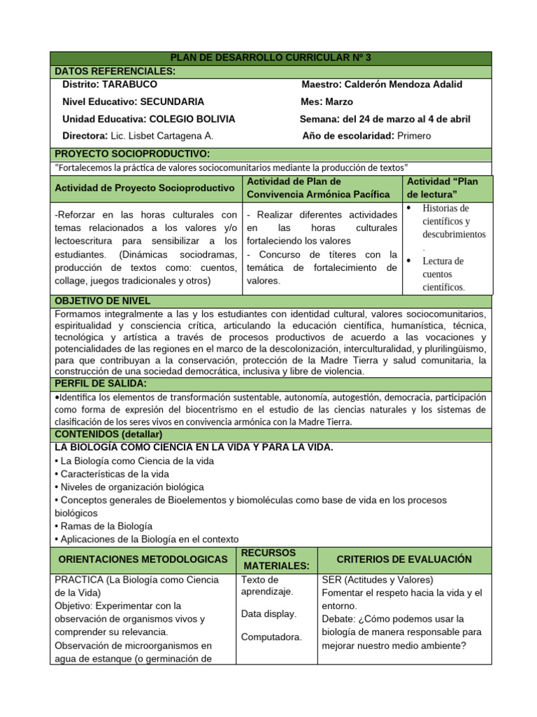 Plan Curricular de Biología Secundaria | PDF | Biología | Vida