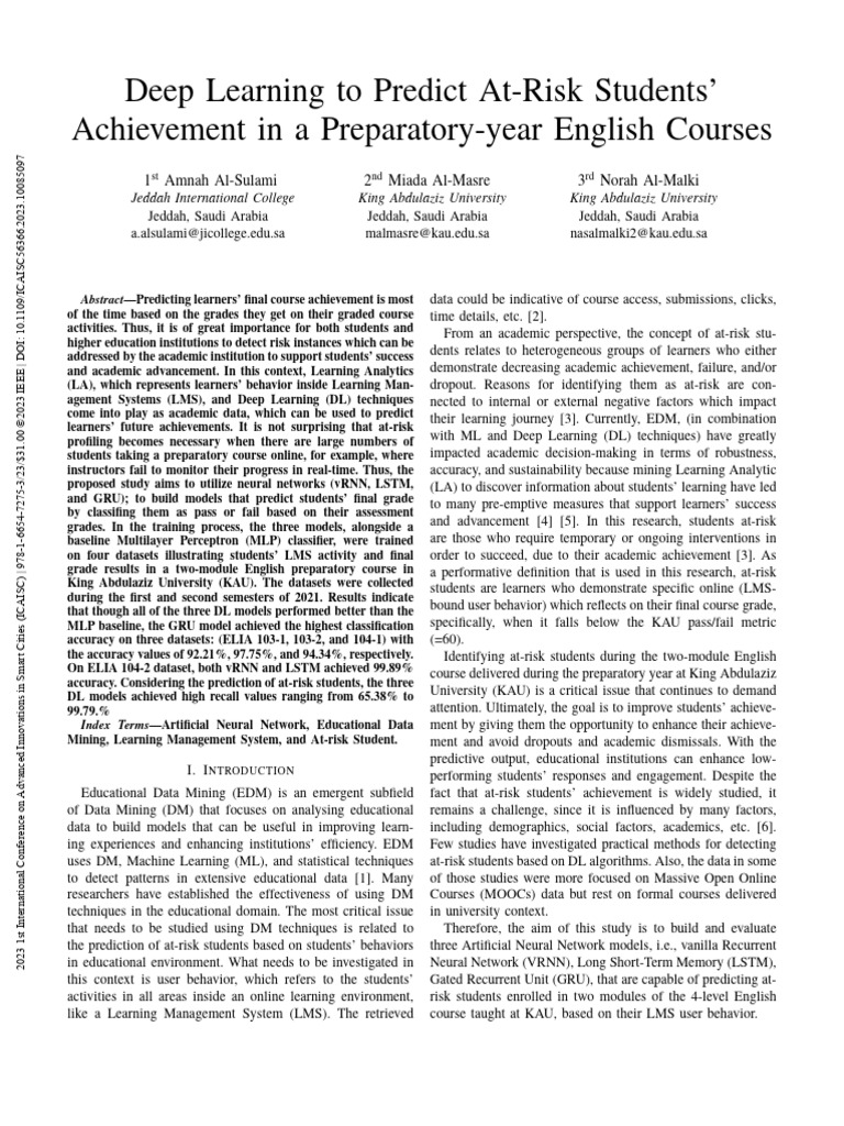 Deep Learning To Predict At-Risk Students Achievement in A Preparatory ...
