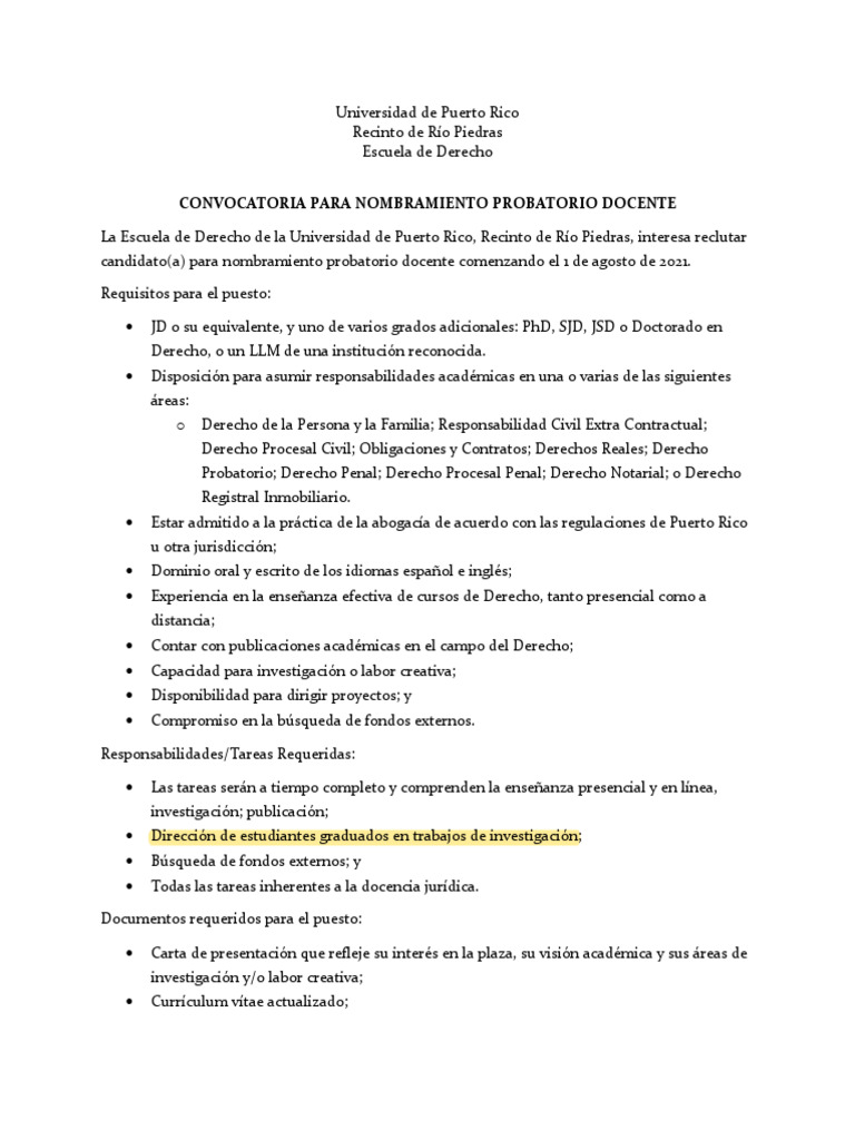 Convocatoria Docente Escuela de Derecho UPR | PDF | Justicia | Crimen y ...