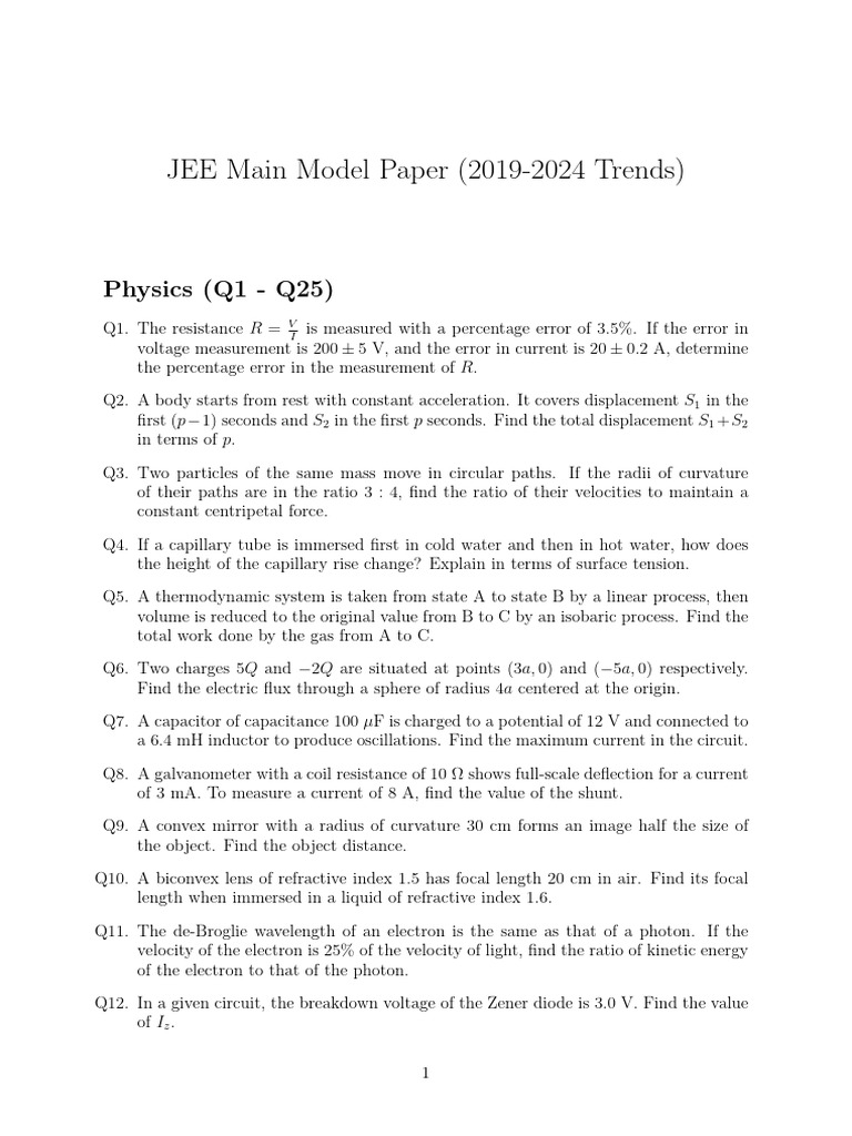JEE Main Physics Model Paper 2019-2024 | PDF | Electron | Inductor