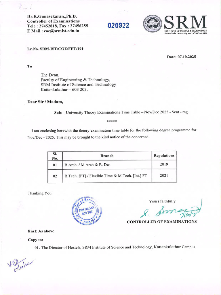 University Theory Exam Time Table - Nov 2025 - 251010 - 202322 | PDF