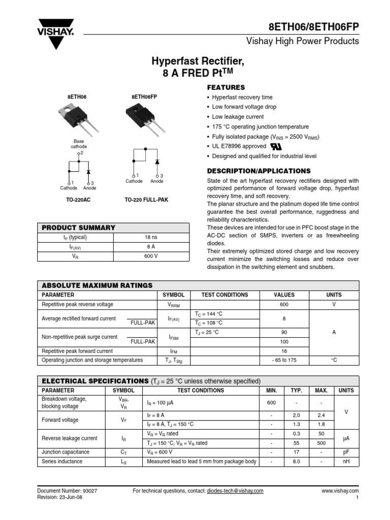 Diodo - Hyperfast Rectifier 8 A FRED PT - 8ETH06 | PDF | Rectifier | Diode