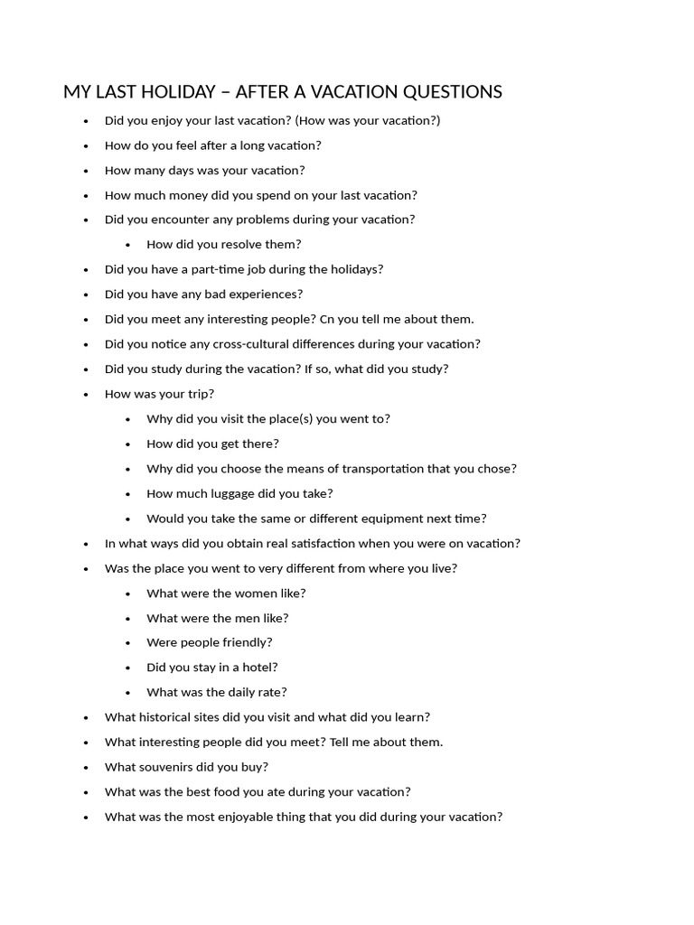 Last Holiday Experience Questions Guide | PDF