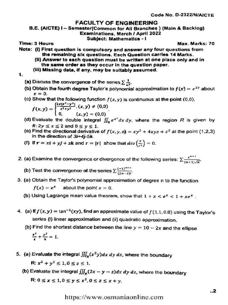 Be 1 Sem Mathematics 1 D 2322 Apr 2022 | PDF