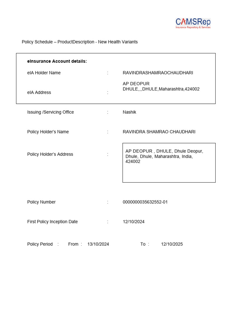 New Health Insurance Policy Schedule | PDF