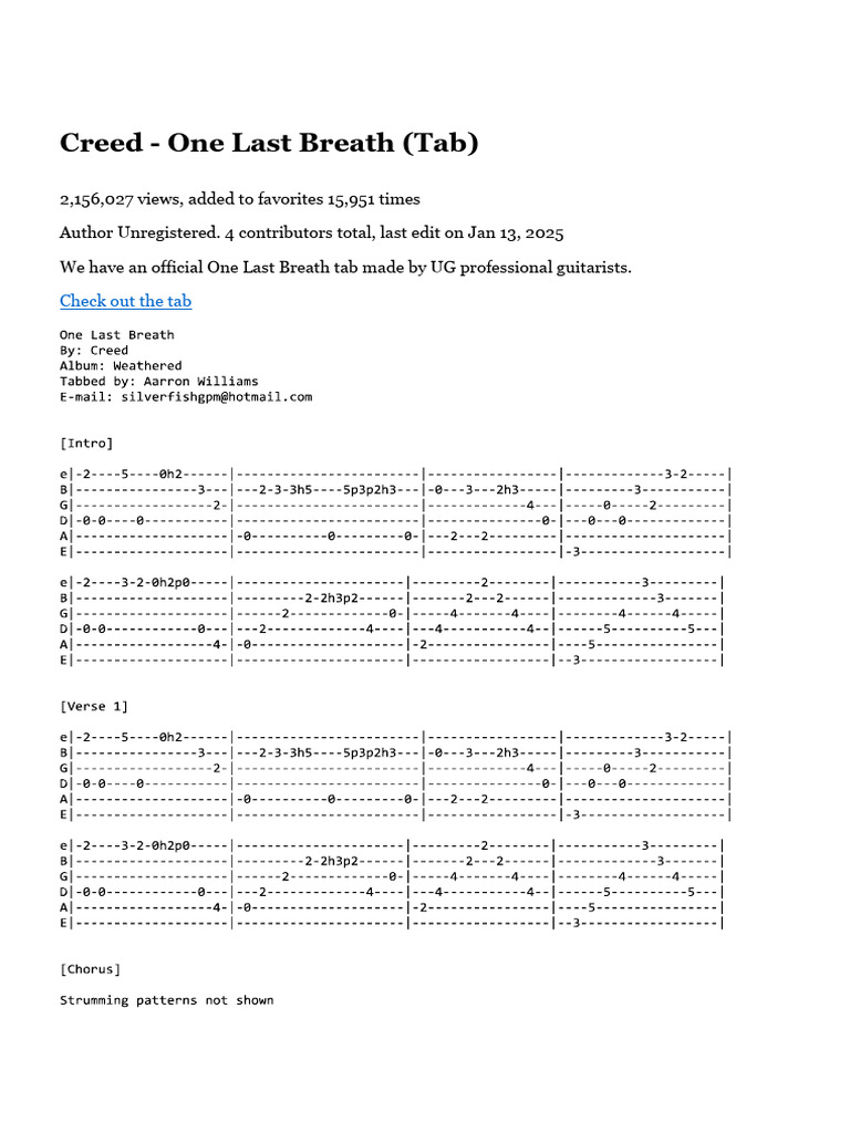 Creed - One Last Breath Guitar Tab | PDF