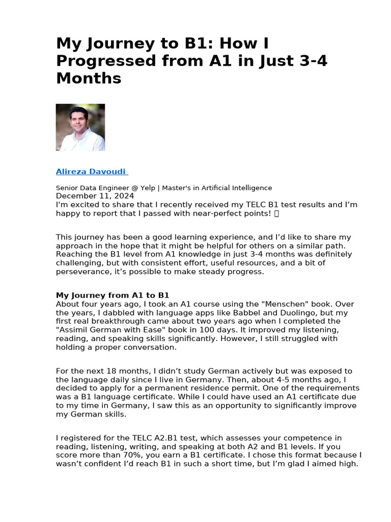 From A1 to B1 in 4 Months: My Journey | PDF | Cognitive Science | Cognition