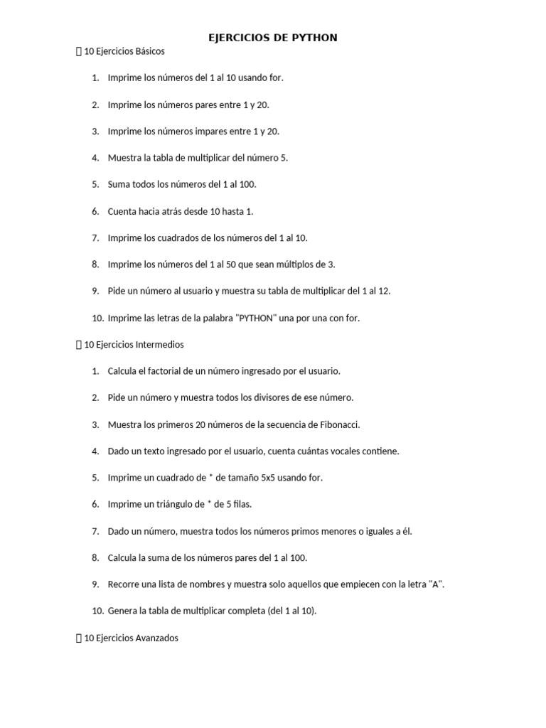 Ejercicios de Python: Básicos a Avanzados | PDF