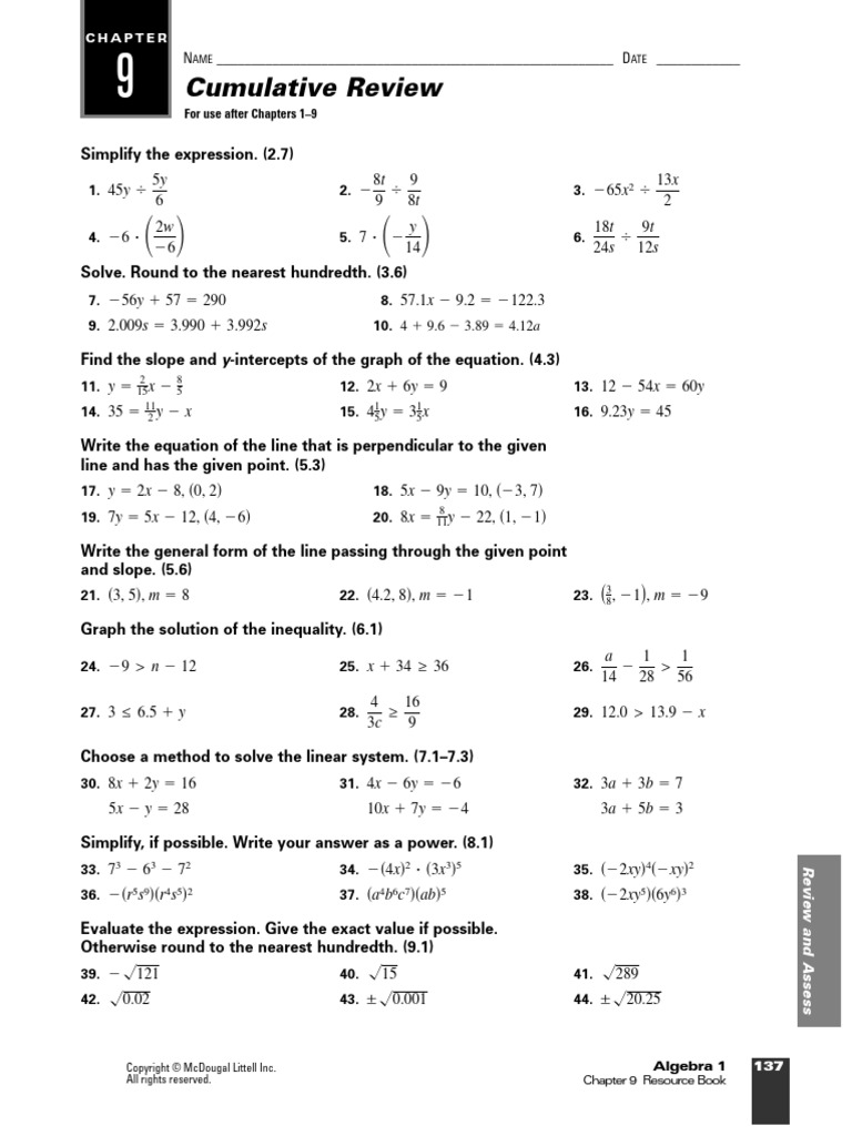 Algebra 1 Chapter 9 Review Exercises | PDF | Quadratic Equation | Equations