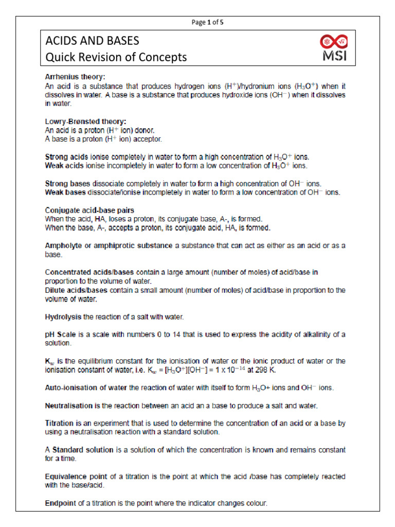 Acids and Bases Summary Notes | PDF