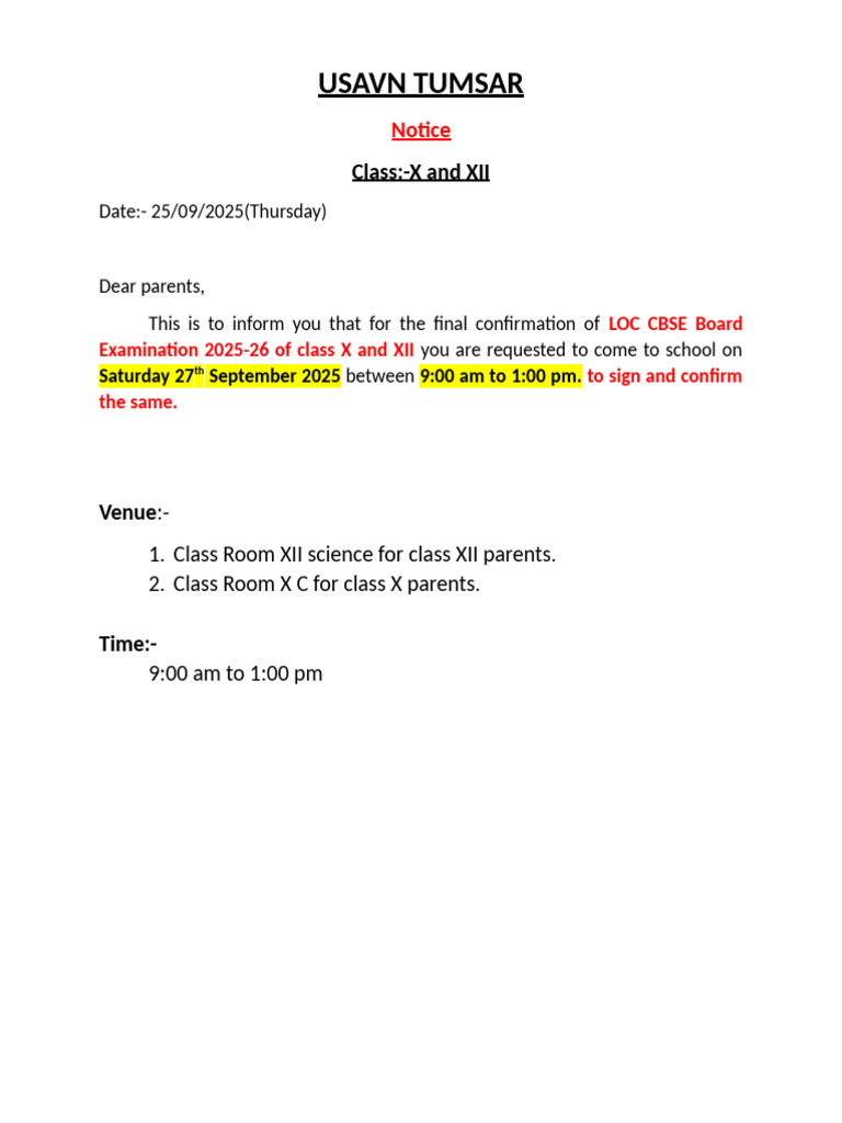Notice For LOC Class X and XII | PDF