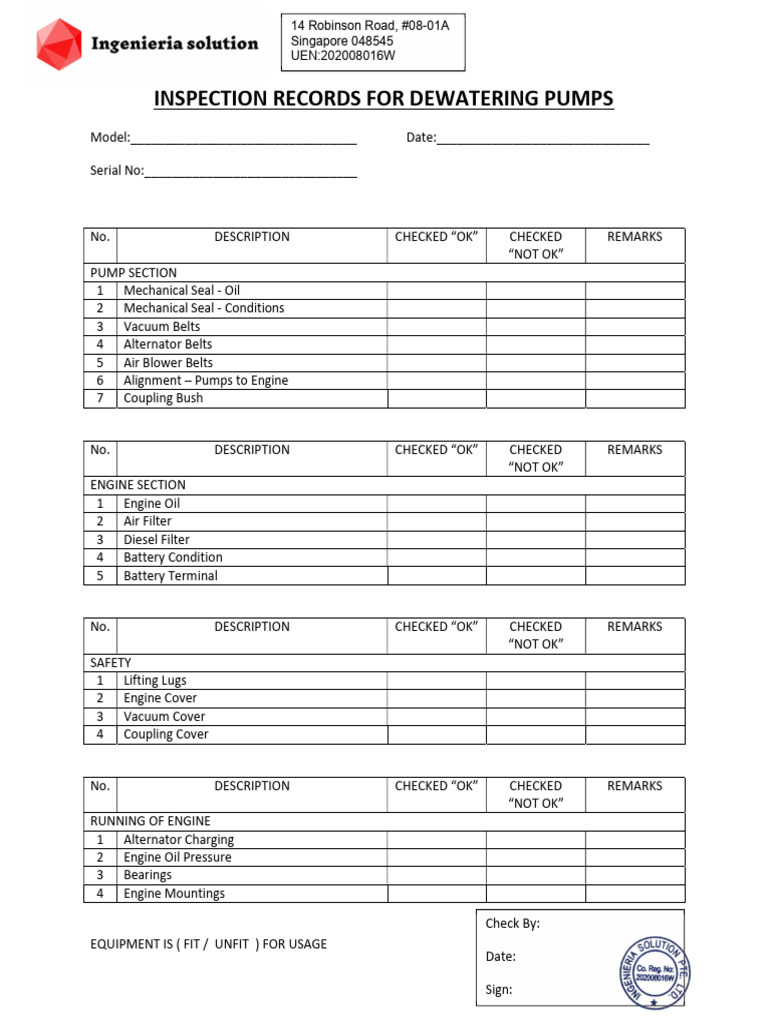 Dewatering Pumps Inspection Record | PDF