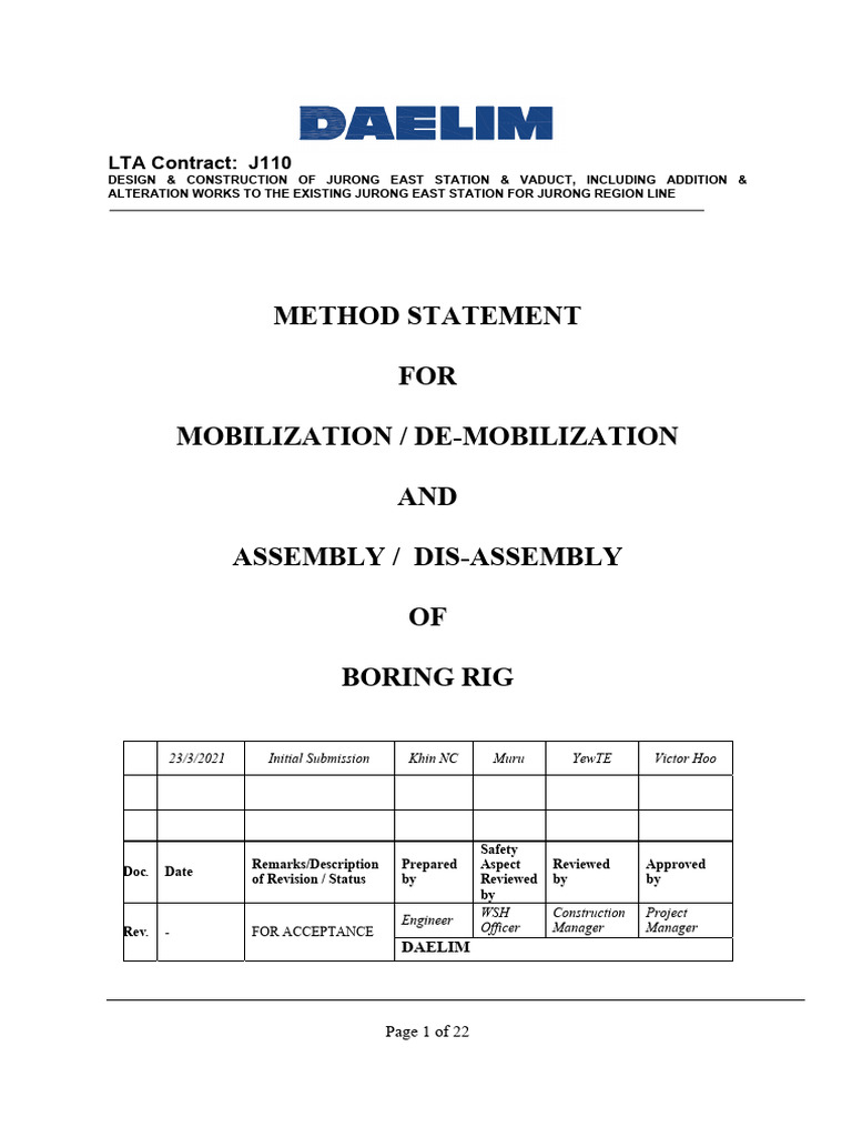 Boring Rig Mobilization Method Statement | PDF | Welding | Construction