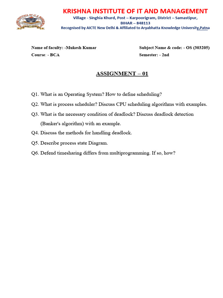 Assignment 01 Bca Os 303205 Mukesh Sir | PDF