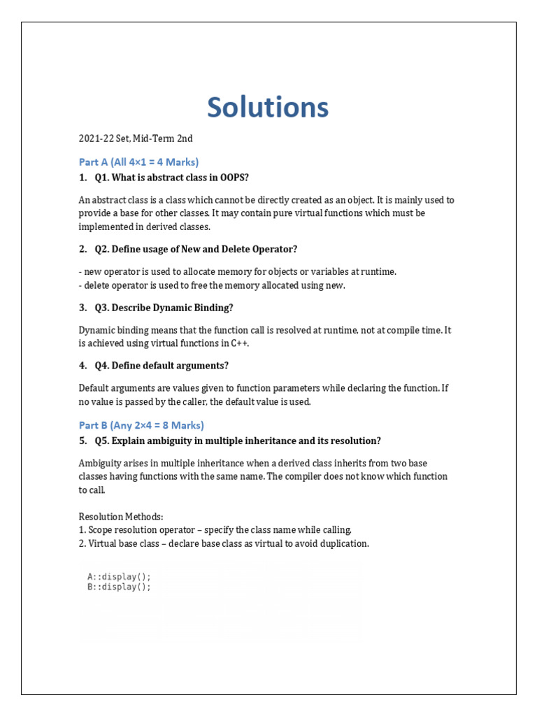 OOPS Midterm Solutions 2021-22 | PDF