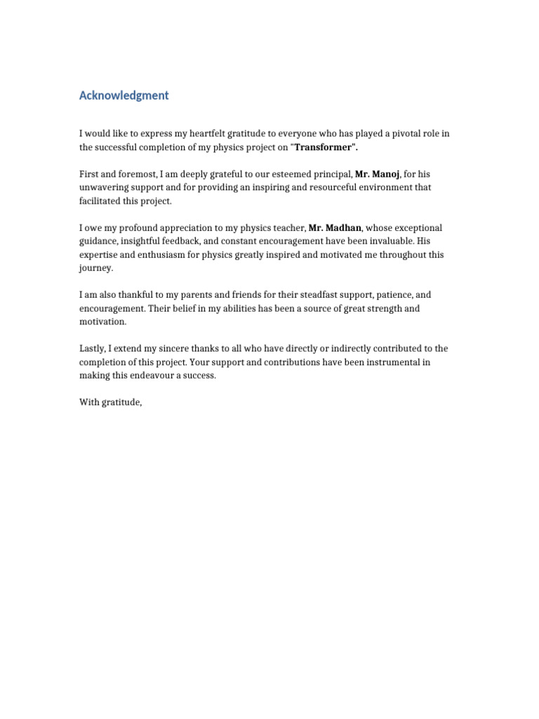 Acknowledgment for Physics Project | PDF