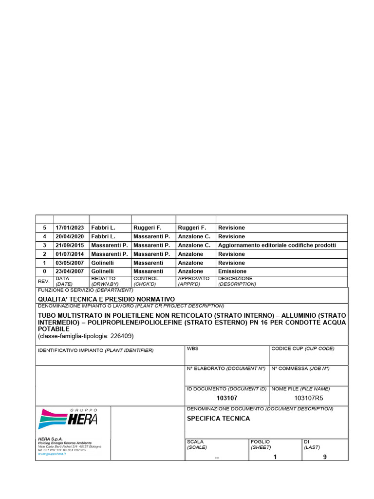 09 - Specifica Tecnica N. 103107 - Rev.5 - Tubo Multistrato | PDF