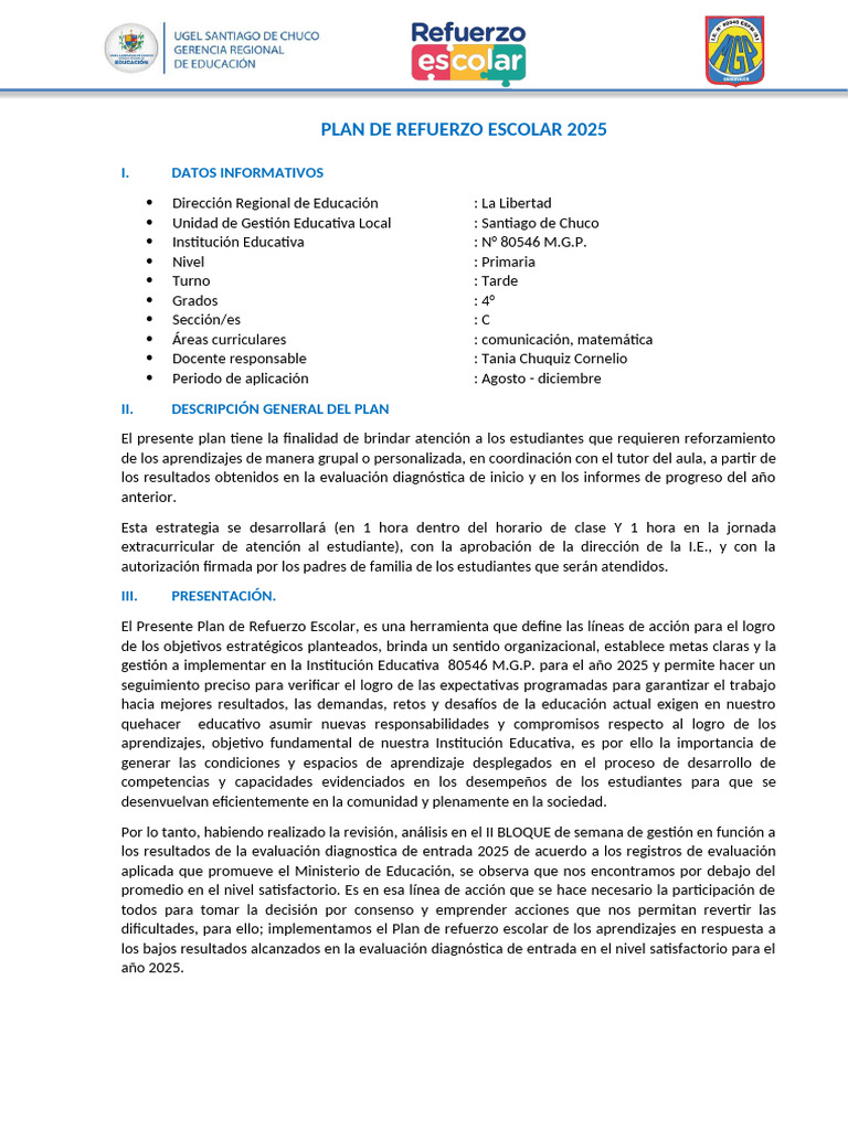 Plan de Refuerzo Escolar 2025 en Primaria | PDF | Evaluación | Aprendizaje