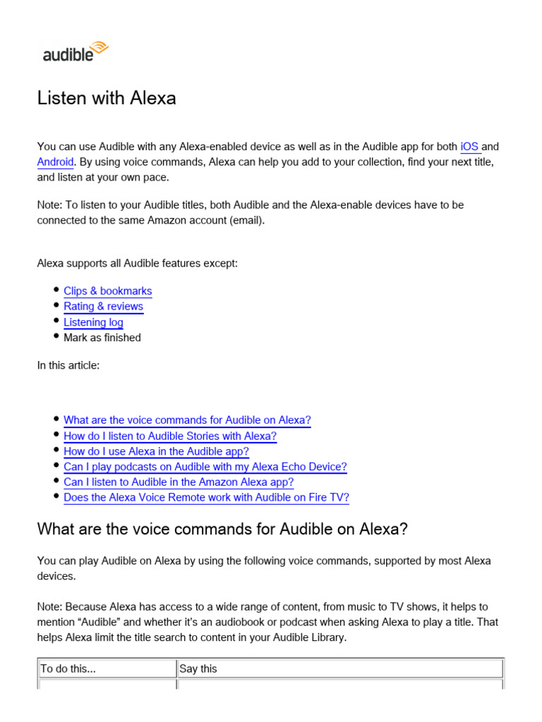 Audible Commands for Alexa Users | PDF | Amazon Echo | Mobile App